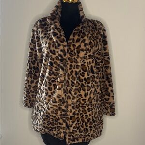 Leopard Print Faux Fur Coat With Pockets Size Small